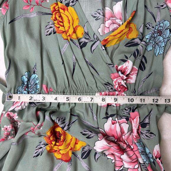 SHEIN Sage Green Floral Faux Wrap Ruffle Sleeve Summer Dress size Medium - Picture 8 of 12